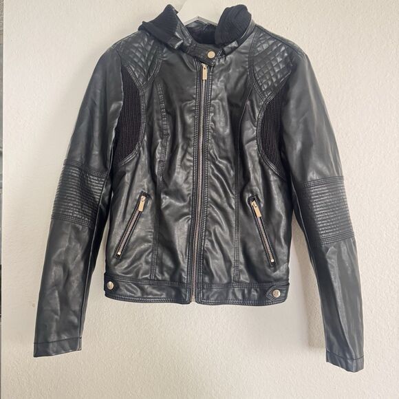 Ci Sono By Cavalini Women Classic Black Moto Quilted Jacket Sz L Removable Hood - Picture 1 of 11